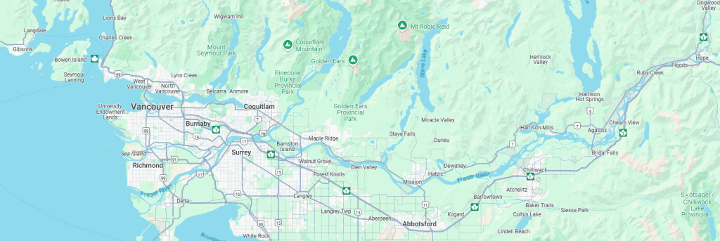 service area map of lower mainland, fraser valley, and sunshine coast