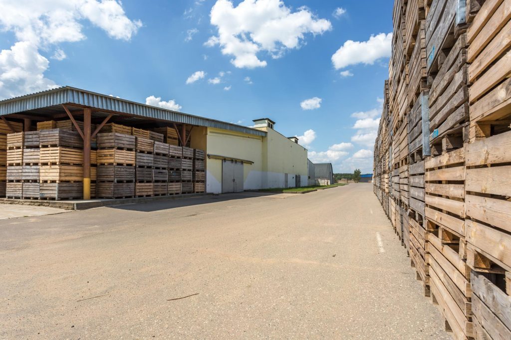 Rows of wooden crates boxes and pallets for fruits and vegetables in storage stock production warehouse