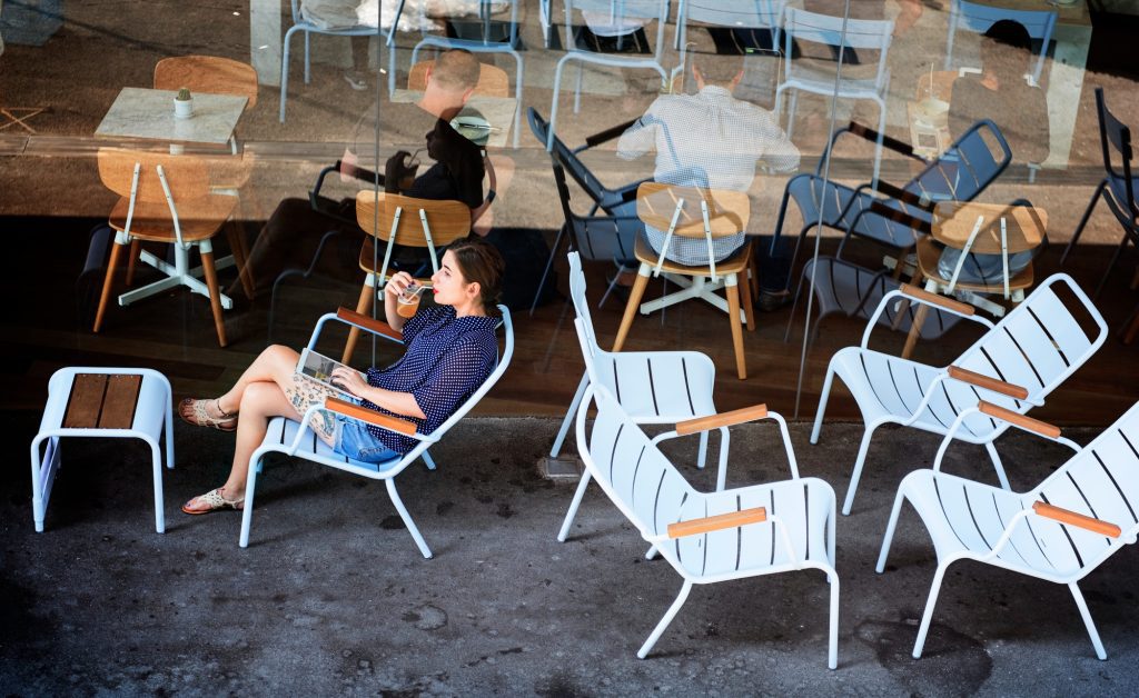outdoor seating at a commercial building