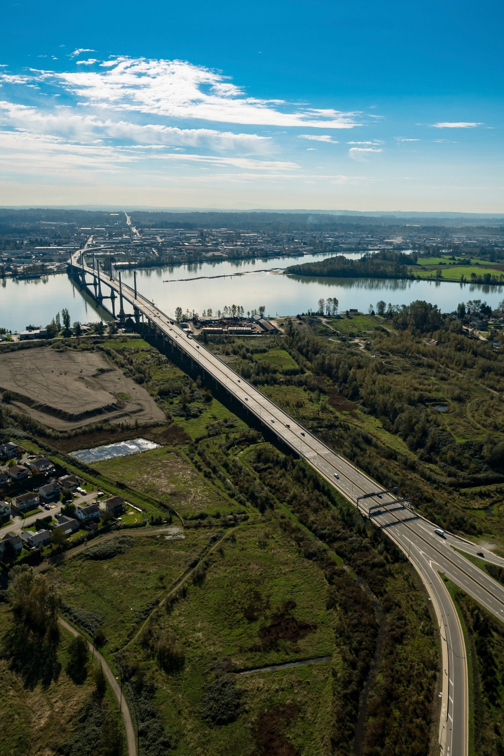 aerial view of the Golden Ears bridge and Pitt Meadows, BC